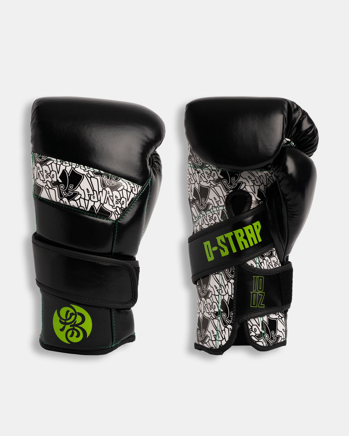 Powrbox D-Strap Double Velcro Boxing Gloves Toxoid colourway in gloss black, green and white