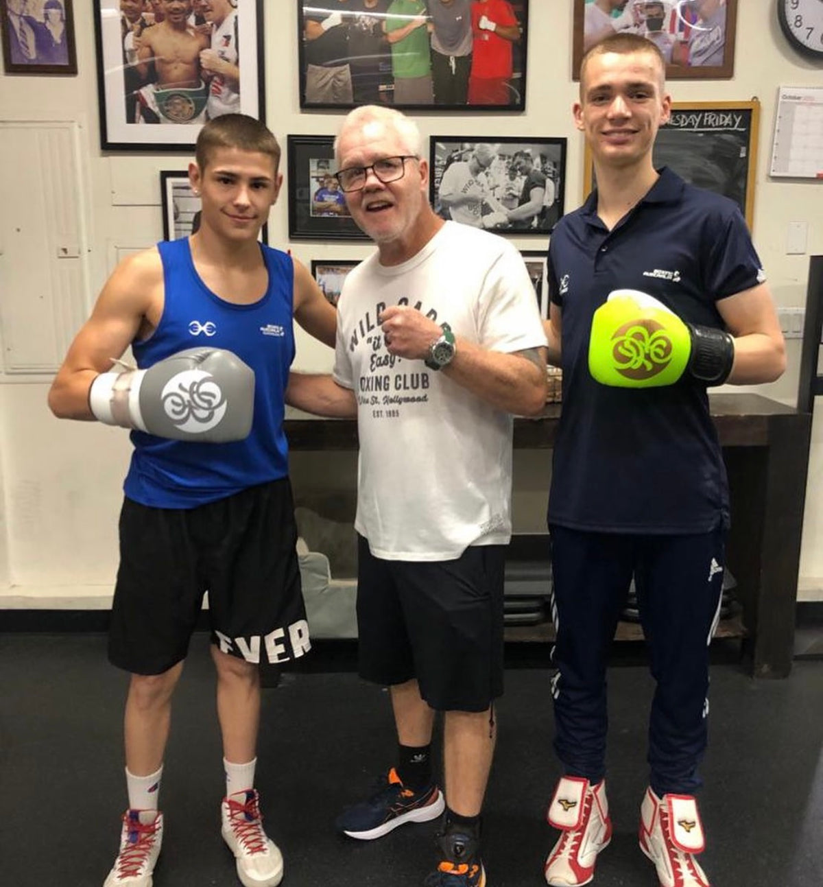 Jye Dixon and Jacob Cassar with trainer Freddie Roach in Los Angeles