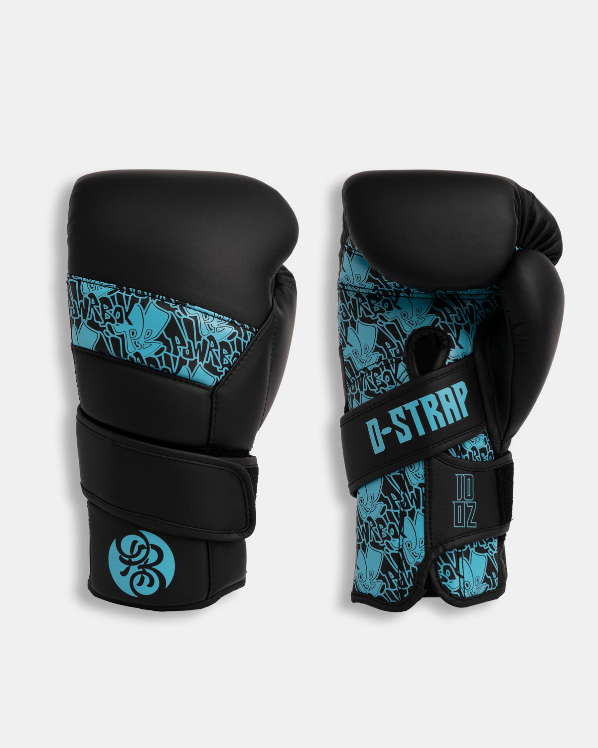 Powrbox D-Strap Double Velcro Boxing Gloves Surge colourway in matte black and light blue