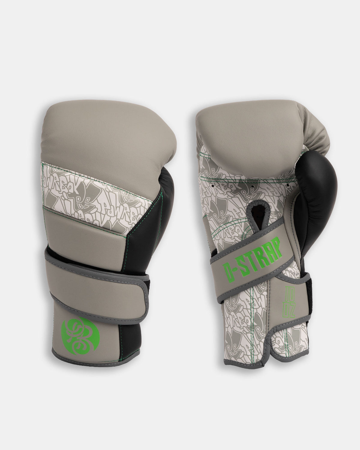 Powrbox D-Strap Double Velcro Boxing Gloves Public Koncrete colourway in matte grey, white and green