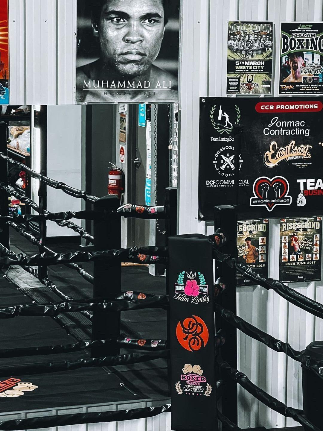 Team Lantry and Powrbox logos on a custom boxing ring corner pad